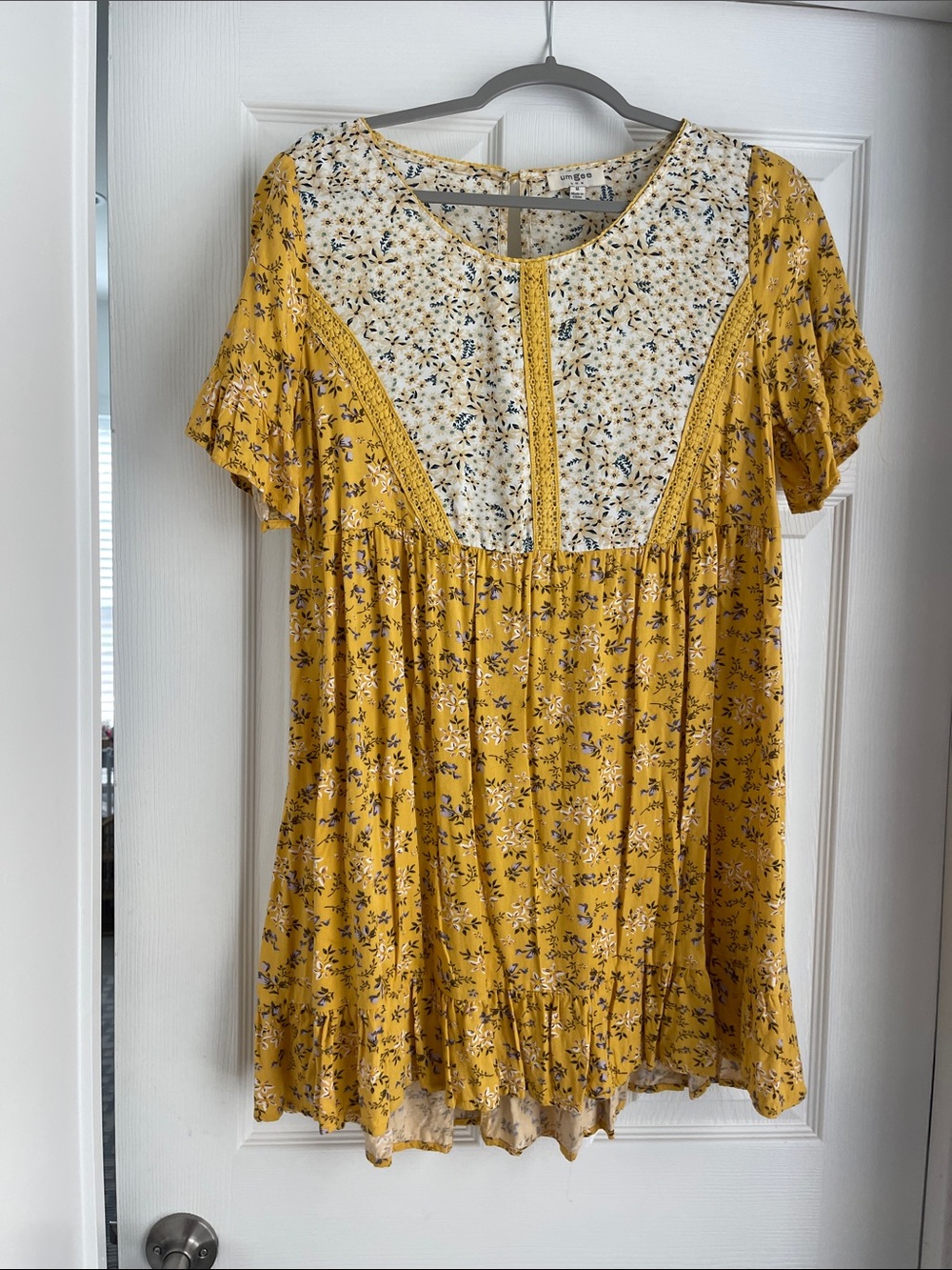 Umgee Mustard Yellow Floral Midi Dress with Cream Yoke